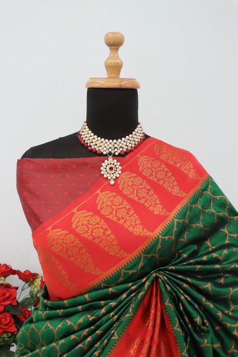 VastraLakshmi Lovely Dark Green Soft Banarasi Silk Saree With Unique Blouse Piece