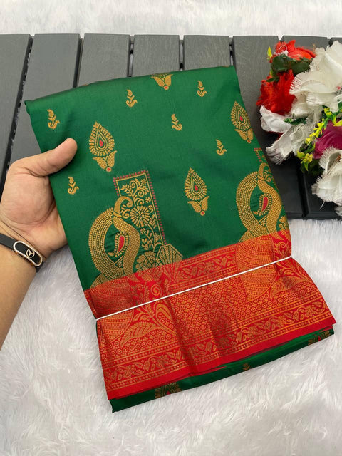 VastraLakshmi Demesne Dark Green Soft Banarasi Silk Saree With Effervescent Blouse Piece