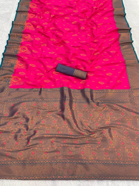 VastraLakshmi Evanescent Dark Pink Soft Banarasi Silk Saree With Palimpsest Blouse Piece