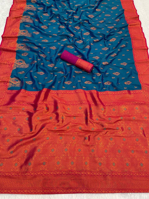 VastraLakshmi Profuse Navy Blue Soft Banarasi Silk Saree With Winsome Blouse Piece