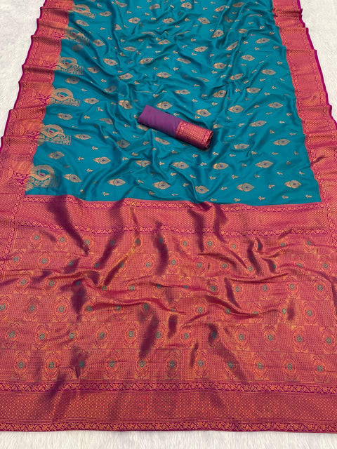 VastraLakshmi Effulgent Rama Soft Banarasi Silk Saree With Piquant Blouse Piece