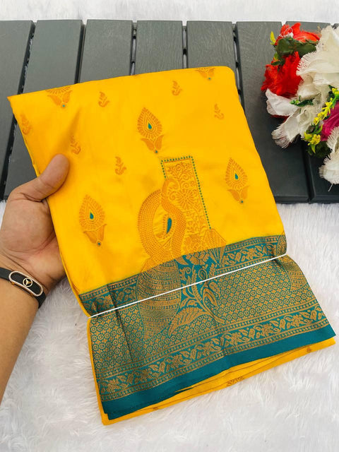 VastraLakshmi Gossamer Yellow Soft Banarasi Silk Saree With Brood Blouse Piece