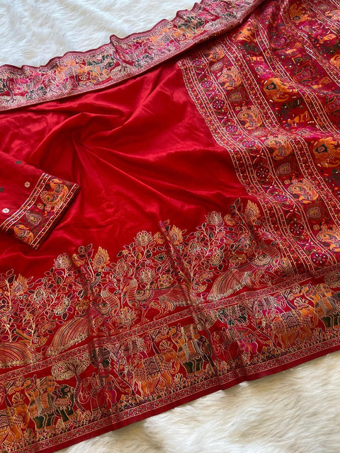 VastraLakshmi Tempting Red Pashmina Saree With Elaborate Blouse Piece