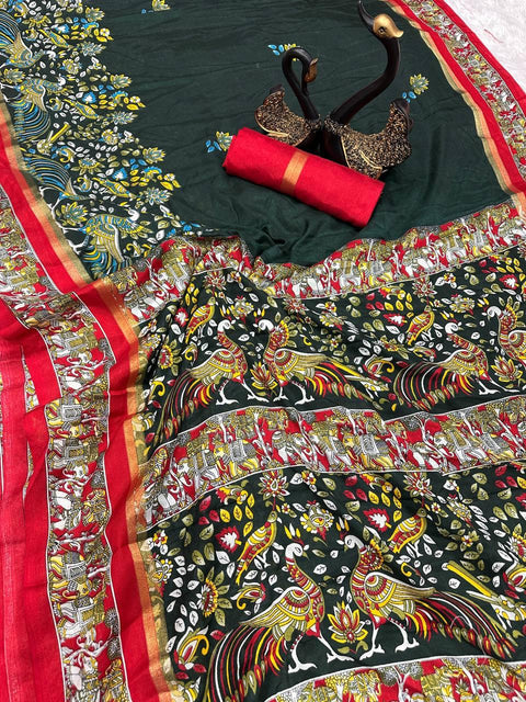 VastraLakshmi Elegant Dark Green Digital Printed Dola Silk Saree With Capricious Blouse Piece