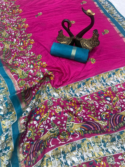 VastraLakshmi Beautiful Dark Pink Digital Printed Dola Silk Saree With Appealing Blouse Piece