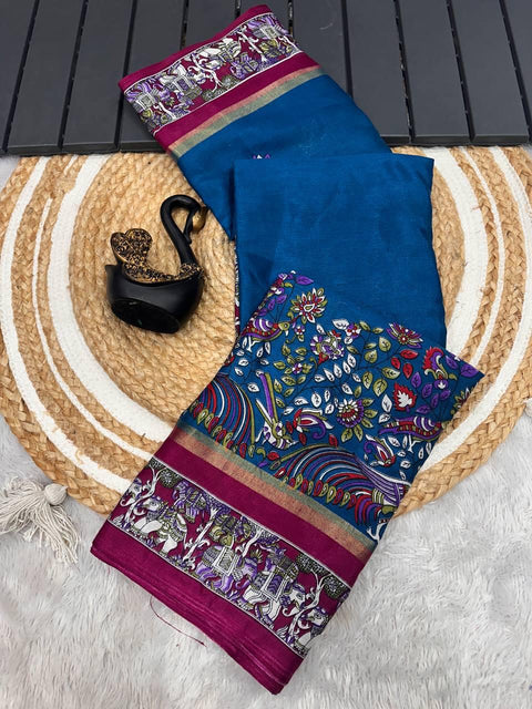 VastraLakshmi Radiant Navy Blue Digital Printed Dola Silk Saree With Fairytale Blouse Piece