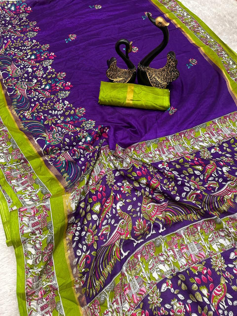 VastraLakshmi Diaphanous Royal Blue Digital Printed Dola Silk Saree With Ephemeral Blouse Piece