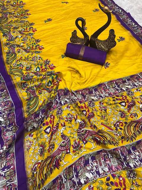 VastraLakshmi Murmurous Yellow Digital Printed Dola Silk Saree With Amiable Blouse Piece