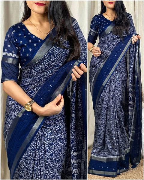 VastraLakshmi Epiphany Blue Digital Printed Dola Silk Saree With Evanescent Blouse Piece