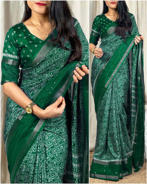 VastraLakshmi Nemesis Dark Green Digital Printed Dola Silk Saree With Demesne Blouse Piece