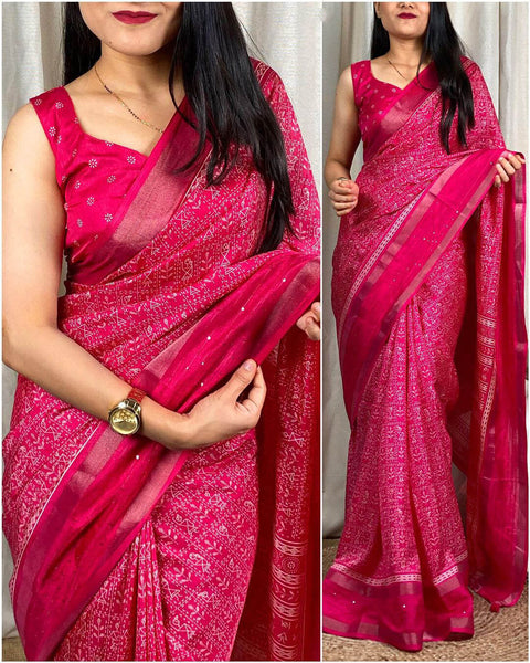 VastraLakshmi Ailurophile Dark Pink Digital Printed Dola Silk Saree With Exquisite Blouse Piece