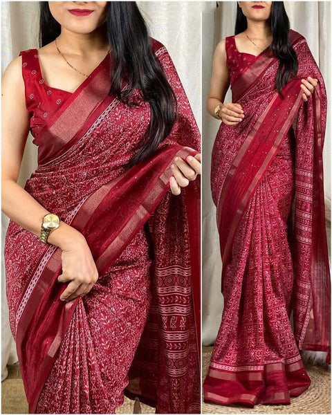 VastraLakshmi Mesmeric Maroon Digital Printed Dola Silk Saree With Arresting Blouse Piece