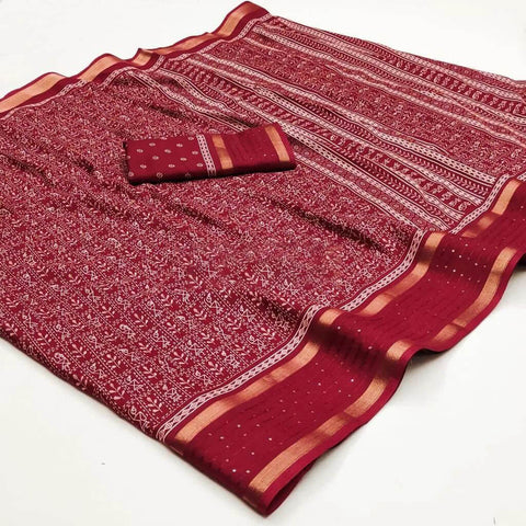 VastraLakshmi Mesmeric Maroon Digital Printed Dola Silk Saree With Arresting Blouse Piece