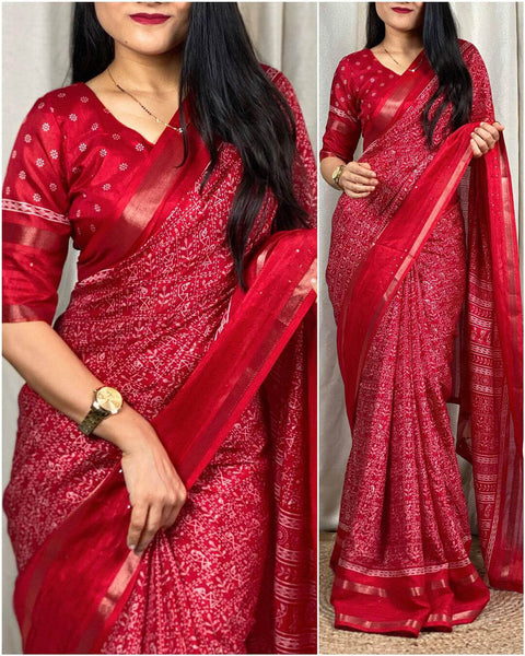 VastraLakshmi Sizzling Red Digital Printed Dola Silk Saree With Lovely Blouse Piece