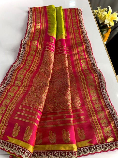 VastraLakshmi Artistic Mehndi Paithani Silk Saree With Magnificat Blouse Piece