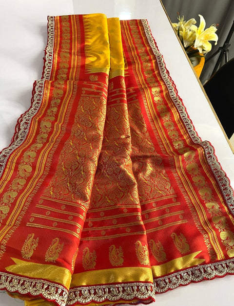 VastraLakshmi Inimitable Yellow Paithani Silk Saree With Enamoring Blouse Piece