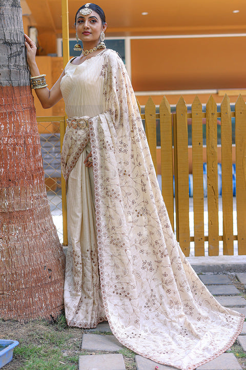 VastraLakshmi Trendy Beige Embroidery Work Soft Silk Saree With Sophisticated Blouse Piece