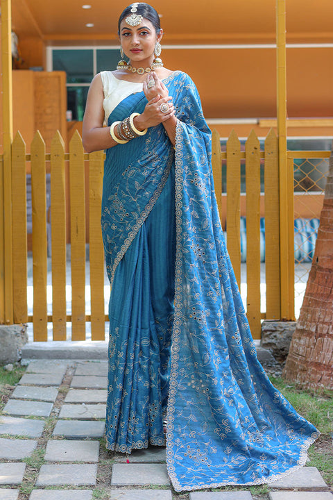 VastraLakshmi Marvellous Firozi Embroidery Work Soft Silk Saree With Classy Blouse Piece