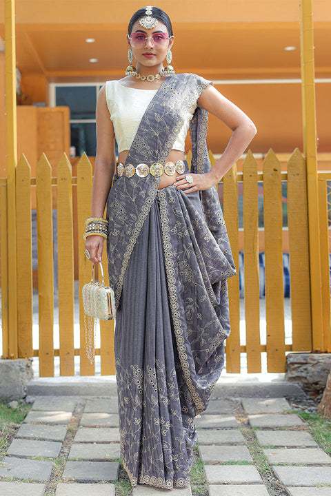 VastraLakshmi Attractive Grey Embroidery Work Soft Silk Saree With Dazzling Blouse Piece