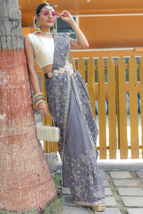 VastraLakshmi Attractive Grey Embroidery Work Soft Silk Saree With Dazzling Blouse Piece