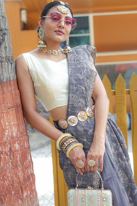 VastraLakshmi Attractive Grey Embroidery Work Soft Silk Saree With Dazzling Blouse Piece