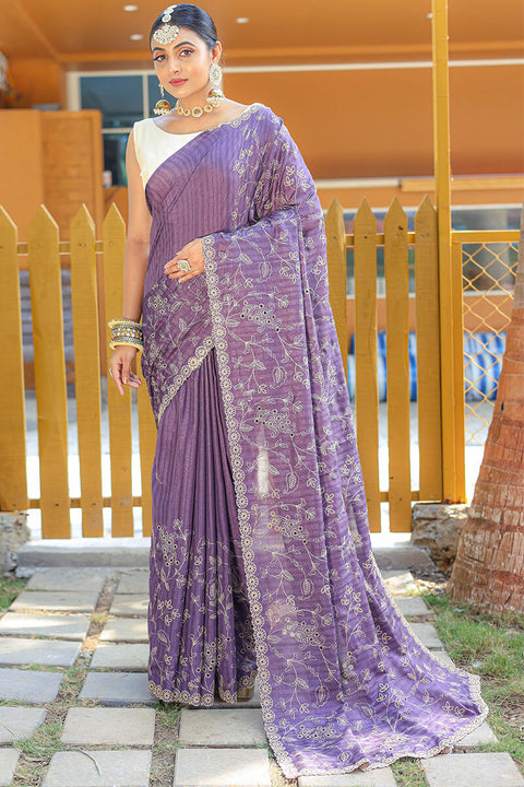 VastraLakshmi Gratifying Lavender Embroidery Work Soft Silk Saree With Impressive Blouse Piece