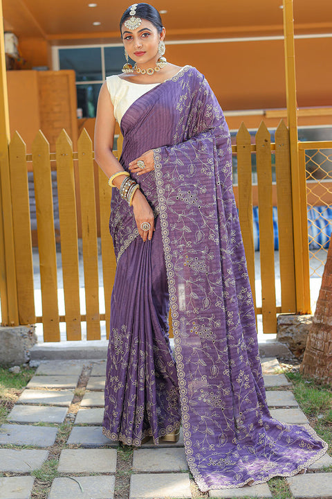 VastraLakshmi Gratifying Lavender Embroidery Work Soft Silk Saree With Impressive Blouse Piece