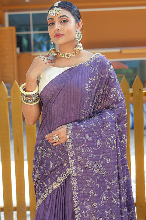 VastraLakshmi Gratifying Lavender Embroidery Work Soft Silk Saree With Impressive Blouse Piece