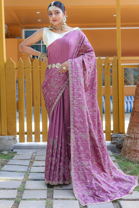 VastraLakshmi Prominent Purple Embroidery Work Soft Silk Saree With Glorious Blouse Piece