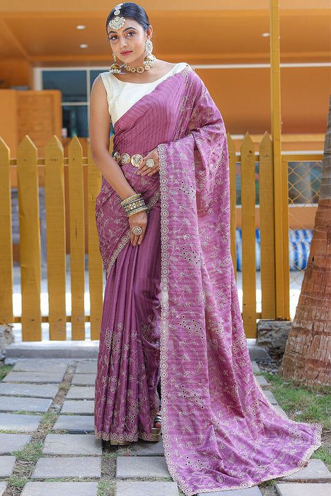 VastraLakshmi Prominent Purple Embroidery Work Soft Silk Saree With Glorious Blouse Piece