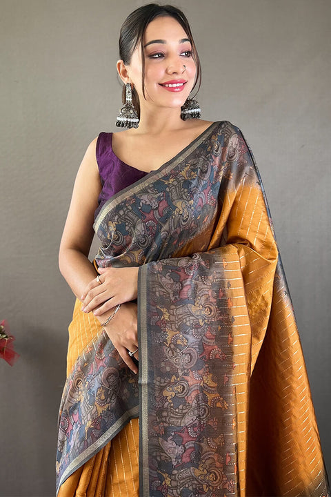 VastraLakshmi Surreptitious Mustard Digital Printed Saree With Pleasurable Blouse Piece