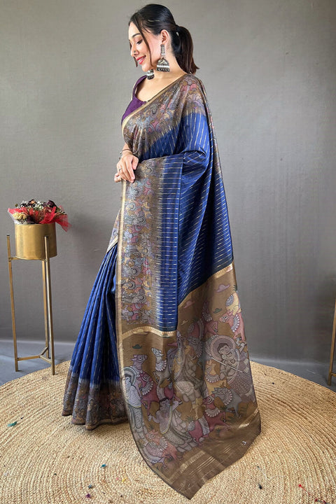 VastraLakshmi Vivacious Navy Blue Digital Printed Saree With Rhapsody Blouse Piece