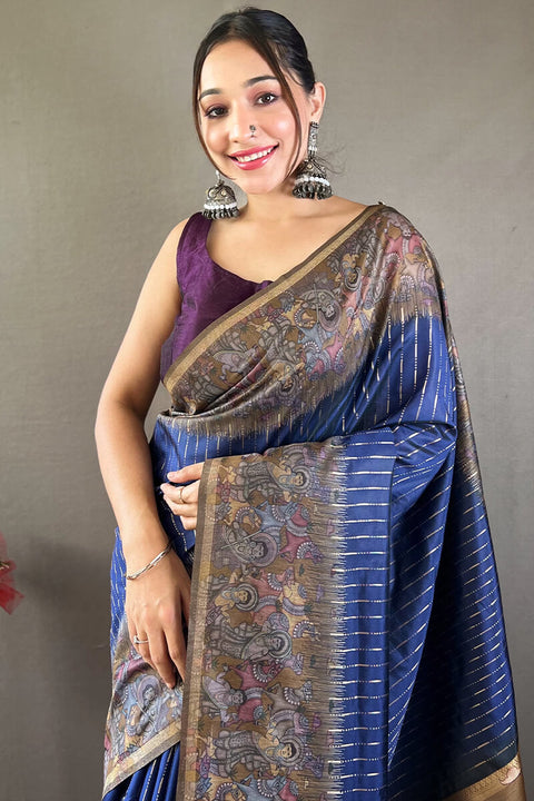 VastraLakshmi Vivacious Navy Blue Digital Printed Saree With Rhapsody Blouse Piece