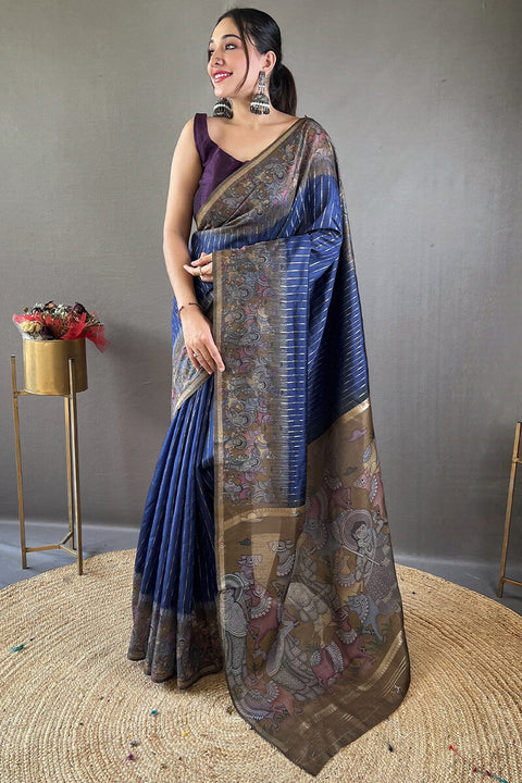 VastraLakshmi Vivacious Navy Blue Digital Printed Saree With Rhapsody Blouse Piece