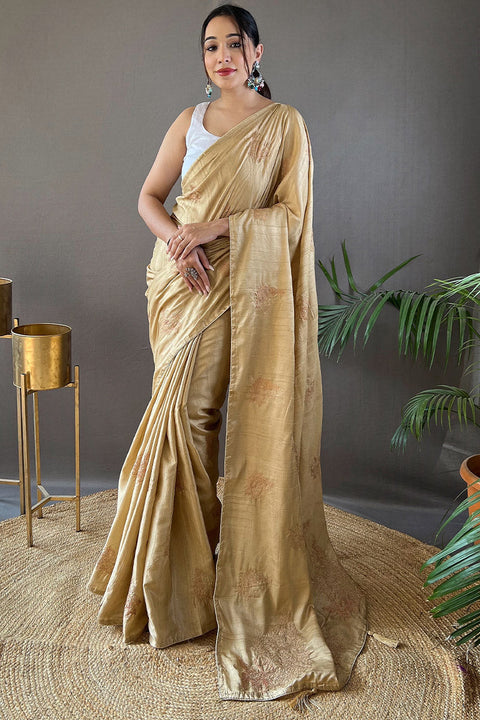 VastraLakshmi Vivacious Beige Embroidery Work Soft Silk Saree With Pulsating Blouse Piece