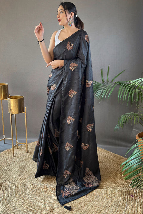 VastraLakshmi Aplomb Black Embroidery Work Soft Silk Saree With Resonant Blouse Piece