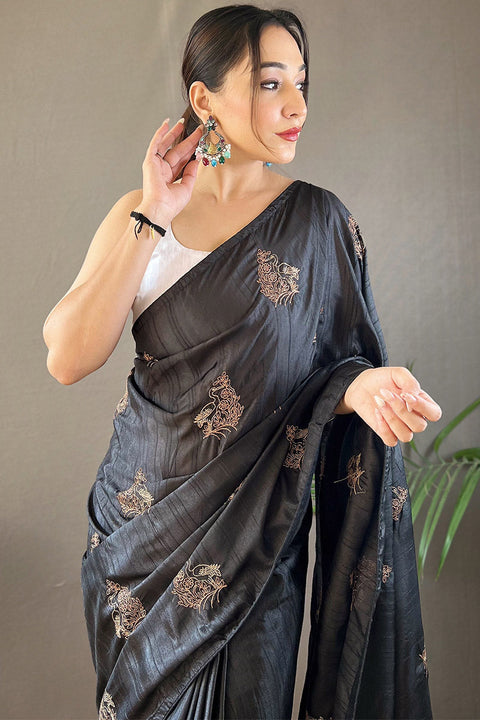 VastraLakshmi Aplomb Black Embroidery Work Soft Silk Saree With Resonant Blouse Piece