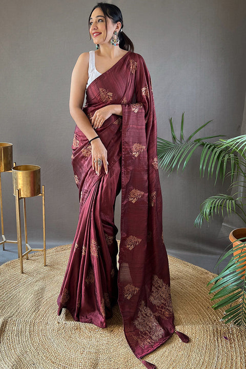 VastraLakshmi Ravishing Brown Embroidery Work Soft Silk Saree With Resonant Blouse Piece