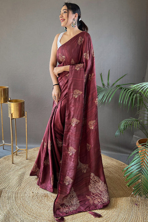 VastraLakshmi Ravishing Brown Embroidery Work Soft Silk Saree With Resonant Blouse Piece