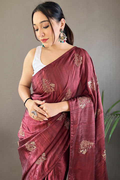 VastraLakshmi Ravishing Brown Embroidery Work Soft Silk Saree With Resonant Blouse Piece