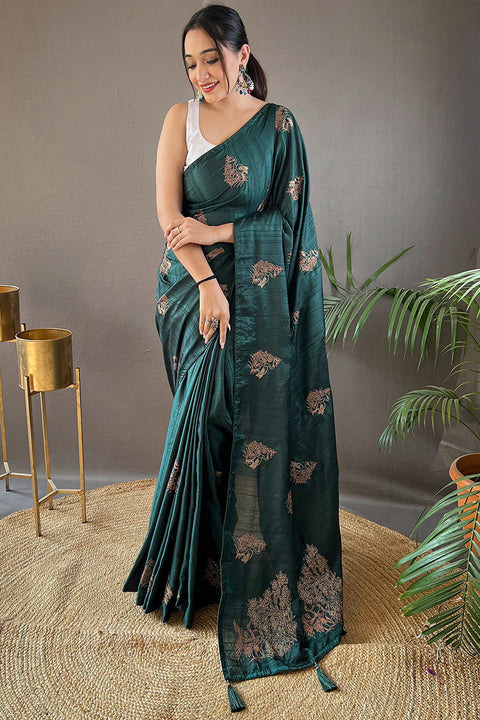 VastraLakshmi Panache Dark Green Embroidery Work Soft Silk Saree With Jubilant Blouse Piece