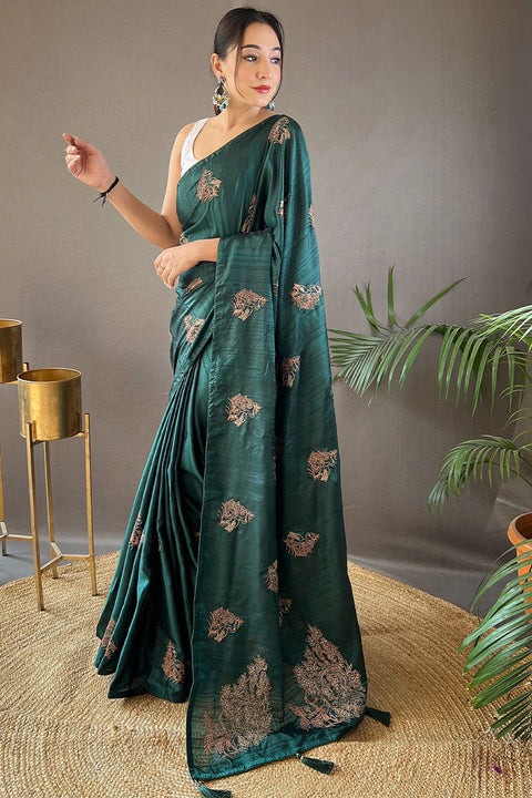 VastraLakshmi Panache Dark Green Embroidery Work Soft Silk Saree With Jubilant Blouse Piece