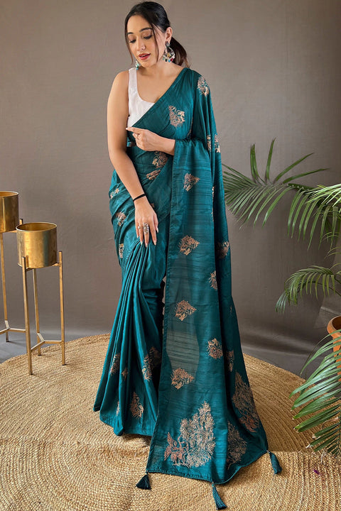 VastraLakshmi Enigmatic Rama Embroidery Work Soft Silk Saree With Pulsating Blouse Piece