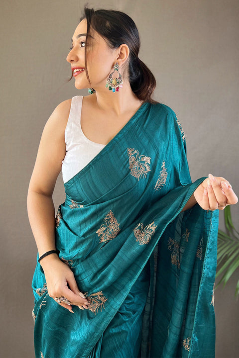 VastraLakshmi Enigmatic Rama Embroidery Work Soft Silk Saree With Pulsating Blouse Piece