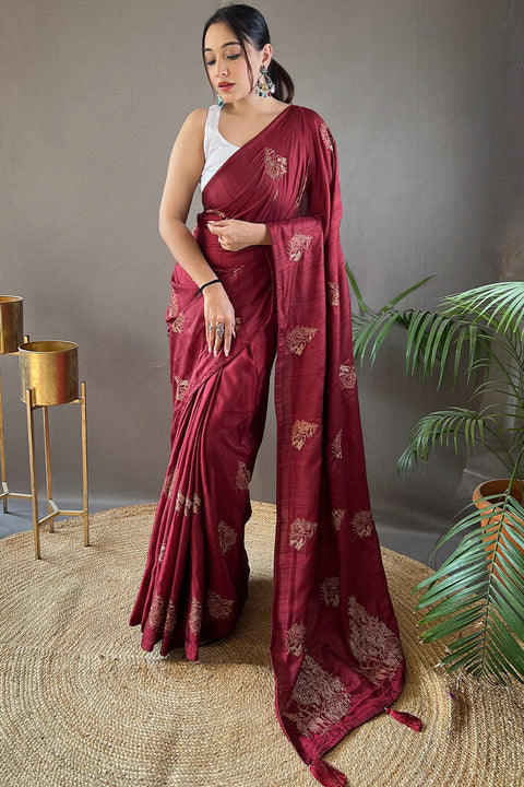 VastraLakshmi Beguiling Wine Embroidery Work Soft Silk Saree With Grandiose Blouse Piece