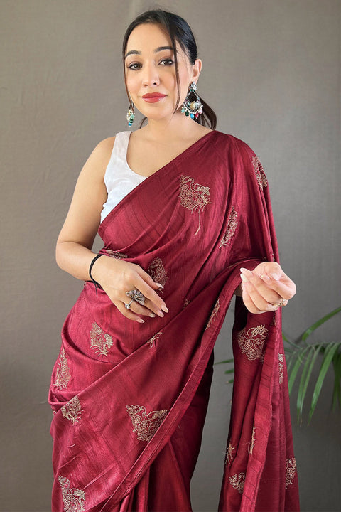 VastraLakshmi Beguiling Wine Embroidery Work Soft Silk Saree With Grandiose Blouse Piece