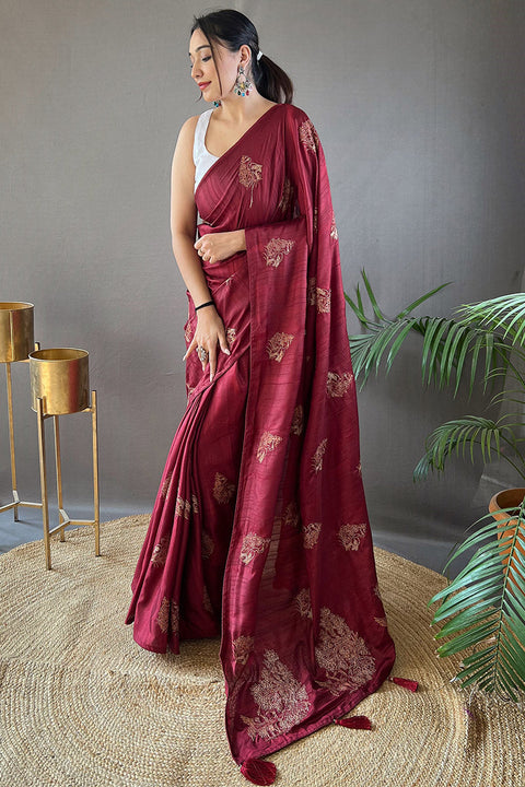 VastraLakshmi Beguiling Wine Embroidery Work Soft Silk Saree With Grandiose Blouse Piece