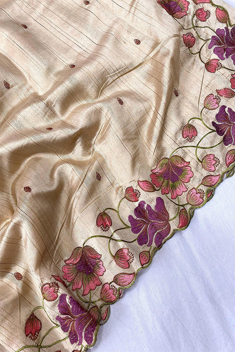 VastraLakshmi Skinny Beige Embroidery Work Tussar Silk Saree With Smart Blouse Piece