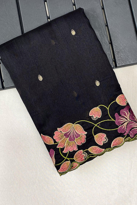 VastraLakshmi Hypnotic Black Embroidery Work Tussar Silk Saree With Majesty Blouse Piece