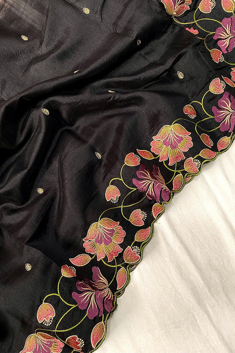 VastraLakshmi Hypnotic Black Embroidery Work Tussar Silk Saree With Majesty Blouse Piece